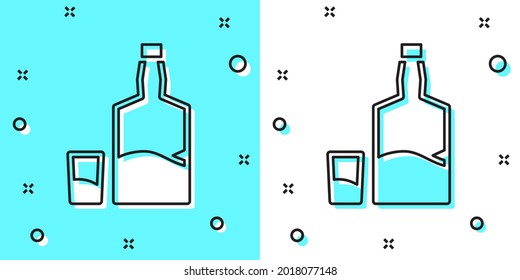 Black line Tequila bottle and shot glass icon isolated on green and white background. Mexican alcohol drink. Random dynamic shapes. Vector