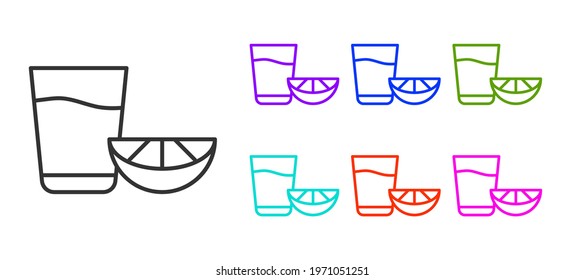 Black line Tequila glass with lemon icon isolated on white background. Mexican alcohol drink. Set icons colorful. Vector