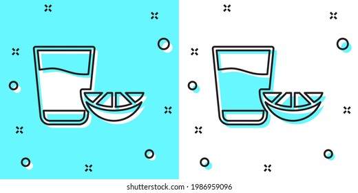 Black line Tequila glass with lemon icon isolated on green and white background. Mexican alcohol drink. Random dynamic shapes. Vector