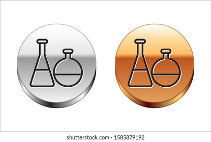 Black line Test tube and flask chemical laboratory test icon isolated on white background. Laboratory glassware sign. Silver-gold circle button. Vector Illustration
