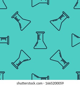 Black line Test tube and flask icon isolated seamless pattern on green background. Chemical laboratory test. Laboratory glassware.  Vector Illustration