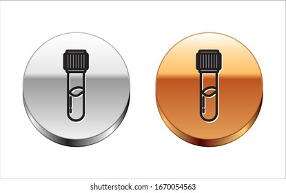 Black line Test tube and flask chemical laboratory test icon isolated on white background. Laboratory glassware sign. Silver-gold circle button. Vector Illustration