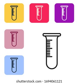 Black line Test tube and flask icon isolated on white background. Chemical laboratory test. Laboratory glassware. Set icons in color square buttons. Vector Illustration
