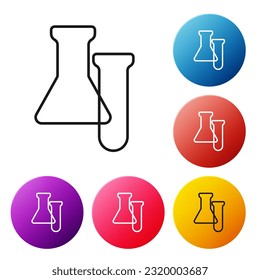 Black line Test tube and flask icon isolated on white background. Chemical laboratory test. Laboratory glassware. Set icons colorful circle buttons. Vector