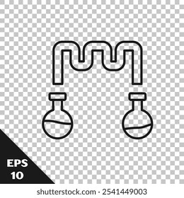 Línea negra Tubo de ensayo y matraz: icono de prueba de laboratorio químico aislado sobre fondo transparente. Sistema de transferencia de fluidos. Signo de cristalería de laboratorio.  Vector