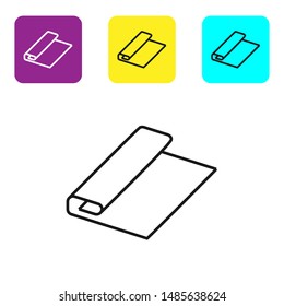 Black line Textile fabric roll icon isolated on white background. Roll, mat, rug, cloth, carpet or paper roll icon. Set icons colorful square buttons. Vector Illustration