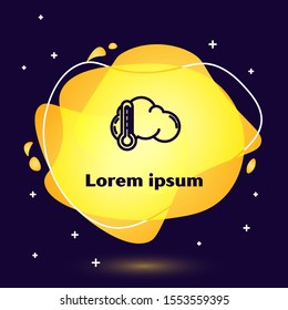 Black line Thermometer and cloud icon isolated on dark blue background. Abstract banner with liquid shapes. Vector Illustration