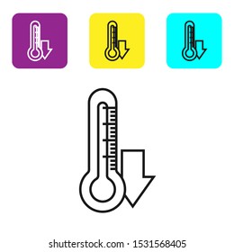 Black line Thermometer icon isolated on white background. Set icons colorful square buttons. Vector Illustration