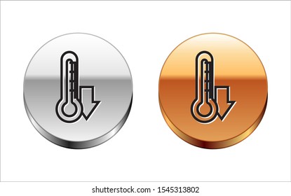 Black line Thermometer icon isolated on white background. Silver-gold circle button. Vector Illustration