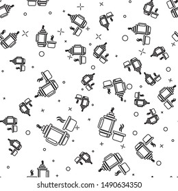 Black line Thermos container icon isolated seamless pattern on white background. Thermo flask icon. Camping and hiking equipment.  Vector Illustration