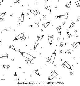 Black line Thermos container icon isolated seamless pattern on white background. Thermo flask icon. Camping and hiking equipment.  Vector Illustration