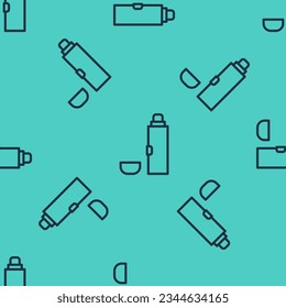 Black line Thermos container icon isolated seamless pattern on green background. Thermo flask icon. Camping and hiking equipment.  Vector