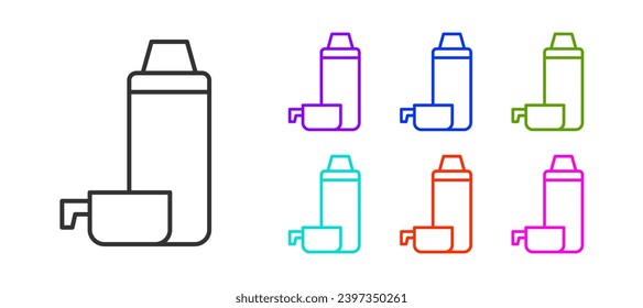 Black line Thermos container icon isolated on white background. Thermo flask icon. Camping and hiking equipment. Set icons colorful. Vector