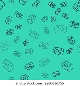 Black line Thief mask icon isolated seamless pattern on green background. Bandit mask, criminal man.  Vector
