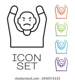 Black line Thief surrendering hands up icon isolated on white background. Man surrendering with both hands raised in air. Set icons colorful. Vector