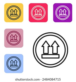 Black line This side up icon isolated on white background. Two arrows indicating top side of packaging. Cargo handled. Set icons in color square buttons. Vector Illustration
