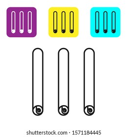 Black line Three rolled sticks of cinnamon icon isolated on white background. Aromatic spice. Condiment for dishes. Cooking theme. Set icons colorful square buttons. Vector Illustration