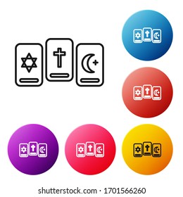 Black line Three tarot cards icon isolated on white background. Magic occult set of tarot cards. Set icons colorful circle buttons. Vector Illustration