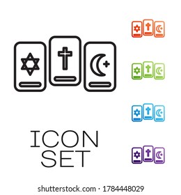 Black line Three tarot cards icon isolated on white background. Magic occult set of tarot cards. Set icons colorful. Vector Illustration