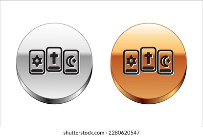 Black line Three tarot cards icon isolated on white background. Magic occult set of tarot cards. Silver-gold circle button. Vector Illustration