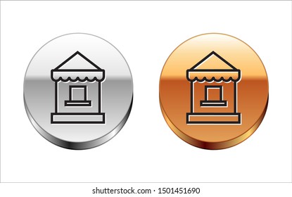 Black line Ticket box office icon isolated on white background. Ticket booth for the sale of tickets for attractions and sports. Silver-gold circle button. Vector Illustration