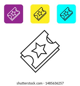 Black line Ticket icon isolated on white background. Amusement park. Set icons colorful square buttons. Vector Illustration
