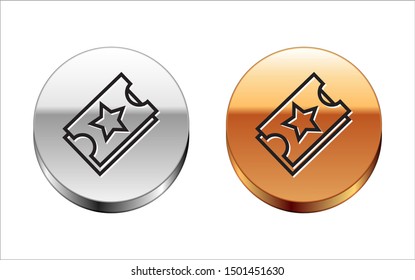 Black line Ticket icon isolated on white background. Amusement park. Silver-gold circle button. Vector Illustration