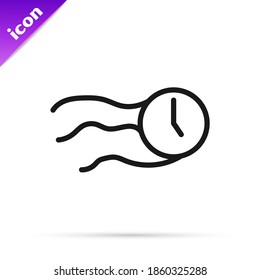 Black line Time flies on the clock icon isolated on white background.  Vector