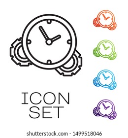 Black line Time Management icon isolated on white background. Clock and gear sign. Productivity symbol. Set icons colorful. Vector Illustration