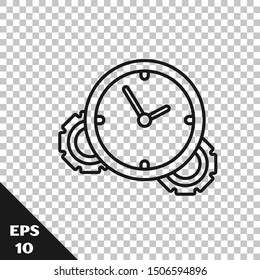 Black line Time Management icon isolated on transparent background. Clock and gear sign. Productivity symbol.  Vector Illustration