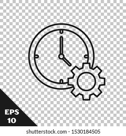 Black line Time Management icon isolated on transparent background. Clock and gear sign. Productivity symbol.  Vector Illustration