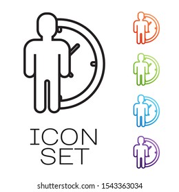 Black line Time Management icon isolated on white background. Clock and gear sign. Productivity symbol. Set icons colorful. Vector Illustration