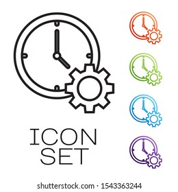 Black line Time Management icon isolated on white background. Clock and gear sign. Productivity symbol. Set icons colorful. Vector Illustration