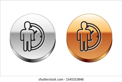 Black line Time Management icon isolated on white background. Clock and gear sign. Productivity symbol. Silver-gold circle button. Vector Illustration