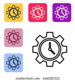 Black line Time Management icon isolated on white background. Clock and gear sign. Productivity symbol. Set icons in color square buttons. Vector Illustration