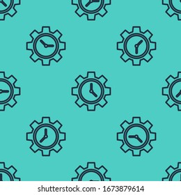 Icono de Administración de tiempo de línea negra aislado patrón transparente en fondo verde. Señal de reloj y engranaje. Símbolo de productividad.  Ilustración vectorial