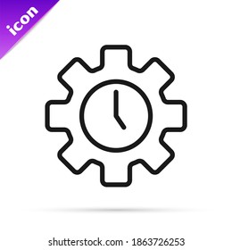Black line Time Management icon isolated on white background. Clock and gear sign. Productivity symbol.  Vector