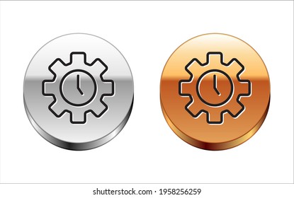 Schwarze Linie Zeitmanagement Symbol einzeln auf weißem Hintergrund. Uhren- und Zahnradzeichen. Produktivitätssymbol. Silbergoldknöpfe. Vektorgrafik