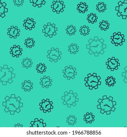 Black line Time Management icon isolated seamless pattern on green background. Clock and gear sign. Productivity symbol.  Vector
