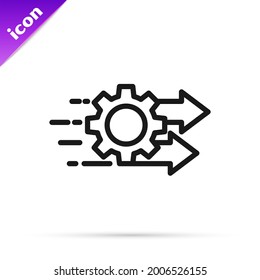 Icono de administración de tiempo de línea negra aislado en fondo blanco. Señal de reloj y marcha. Símbolo de productividad.  Vector
