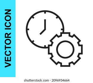 Icono de administración de tiempo de línea negra aislado en fondo blanco. Señal de reloj y marcha. Símbolo de productividad.  Vector