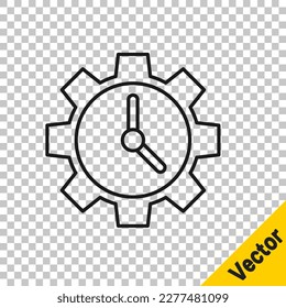Icono de Administración de tiempo de línea negra aislado en fondo transparente. Señal de reloj y marcha. Símbolo de productividad.  Ilustración vectorial