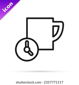 Black line Time management icon isolated on white background. Clock and coffee cup sign. Productivity symbol.  Vector