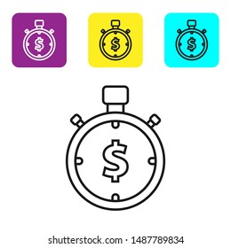 Black line Time is money icon isolated on white background. Money is time. Effective time management. Convert time to money. Stopwatch sign. Set icons colorful square buttons. Vector Illustration