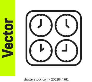 Black line Time zone clocks icon isolated on white background.  Vector