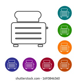 Tostadora de línea negra con icono de tostadas aislado en fondo blanco. Establecer iconos en los botones de círculo de color. Ilustración vectorial