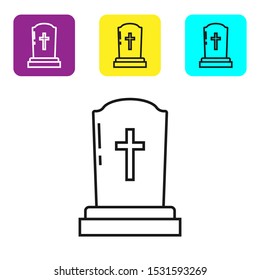 Black line Tombstone with cross icon isolated on white background. Grave icon. Set icons colorful square buttons. Vector Illustration