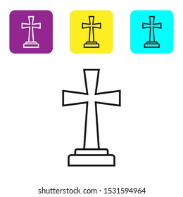 Black line Tombstone with cross icon isolated on white background. Grave icon. Set icons colorful square buttons. Vector Illustration