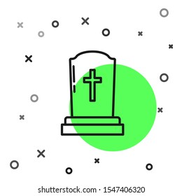 Black line Tombstone with cross icon isolated on white background. Grave icon.  Vector Illustration