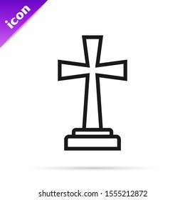 Black line Tombstone with cross icon isolated on white background. Grave icon.  Vector Illustration